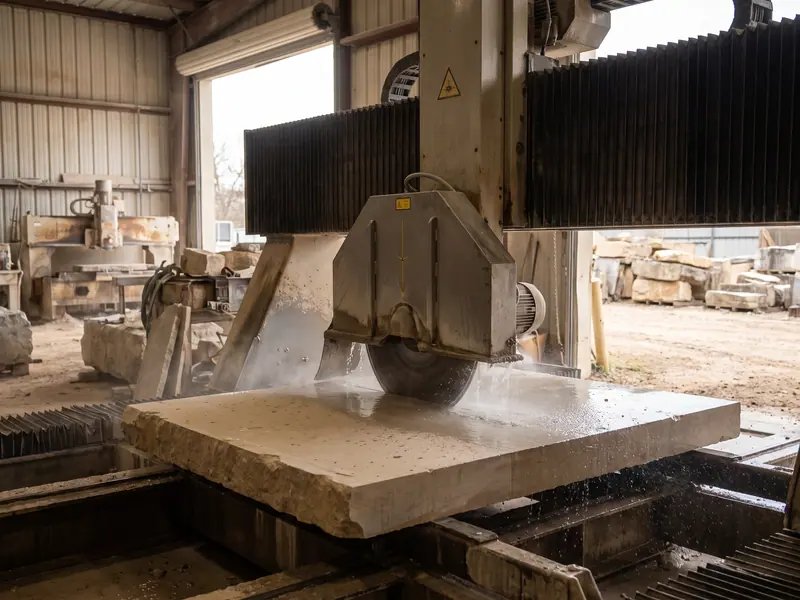 An automated stone saw cutting a limestone slab in the Ebel Quarries yard