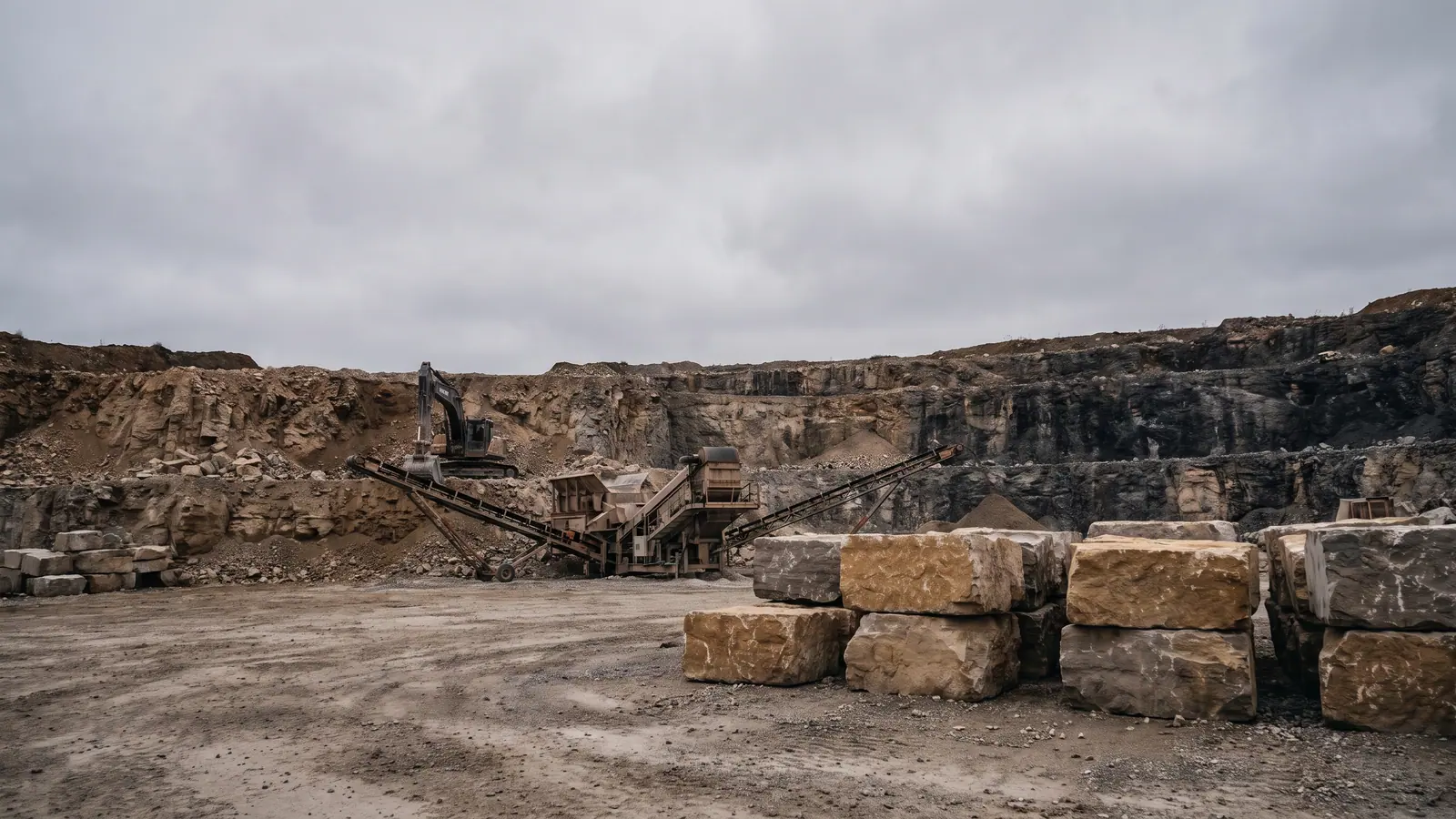 A working quarry bench and cutting yard at Ebel Quarries near Wiarton, Ontario