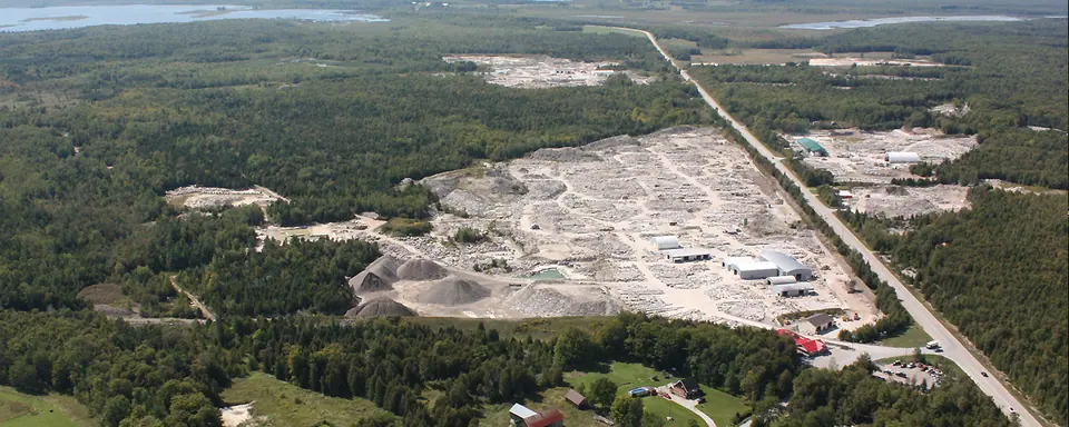 Aerial view of the Ebel Quarries limestone quarry and yard near Wiarton, Ontario