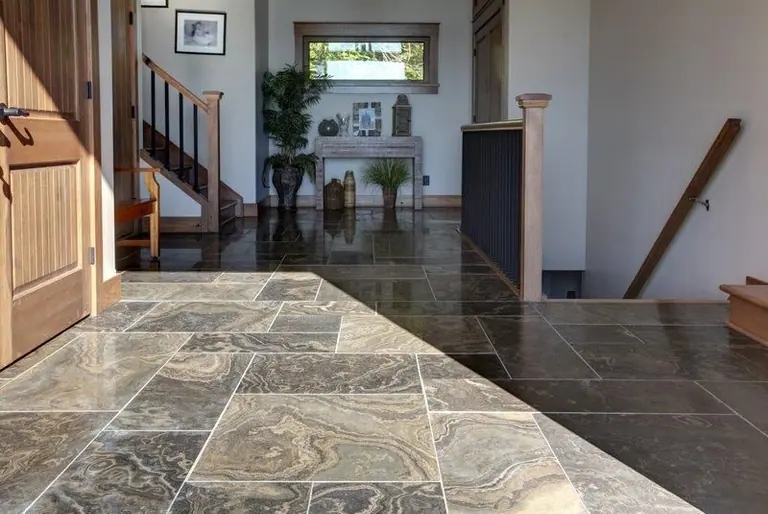 Honed Eramosa marble limestone floor tiles showing heavy figuring